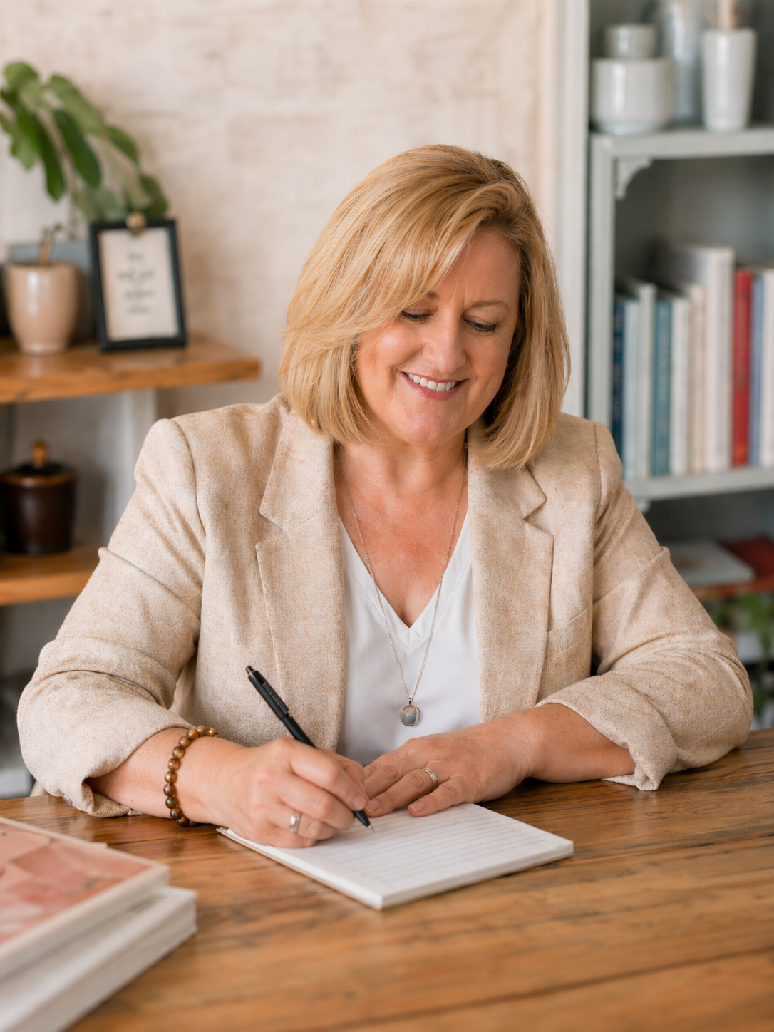 Debbie Heisler writing at her desk